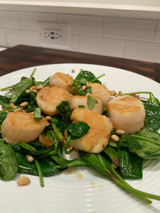 Tested!  Sautéed dayboat scallops with spinach, pine nuts, and tarragon