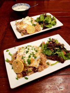 Greek-inspired Maine halibut with savory rice